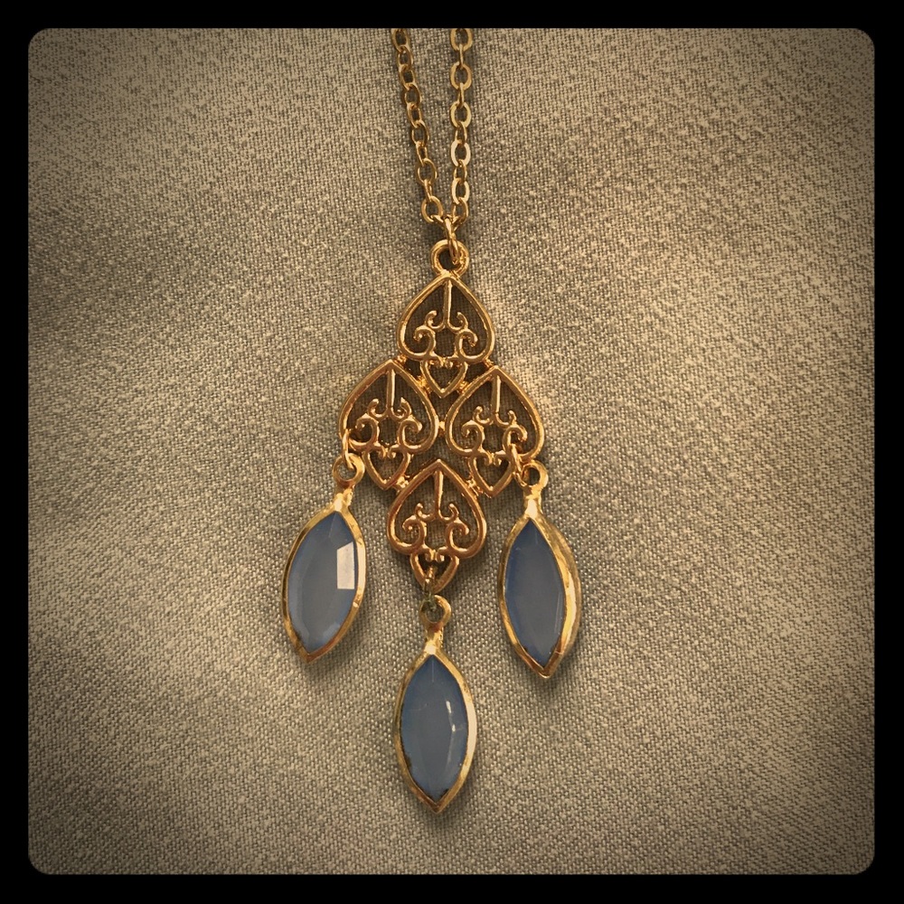 Long Gold Necklace with Blue Gems